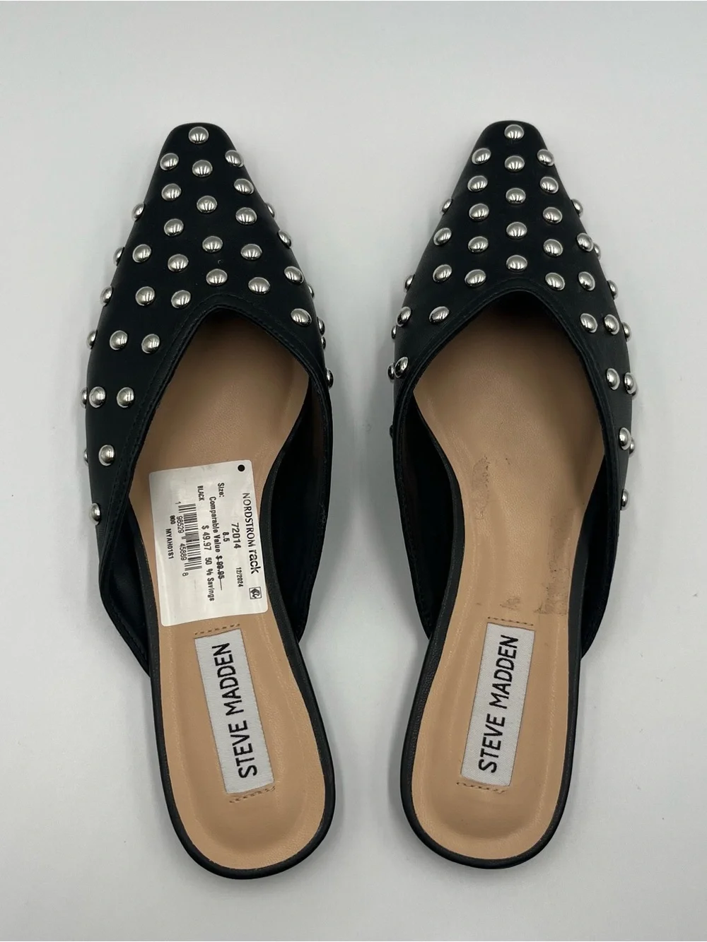 Steve Madden Marela Black Leather Studded Pointed Toe Mules Flats Sz 8.5